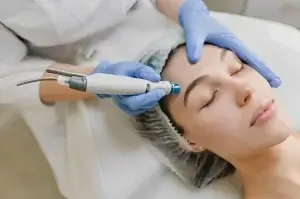 closeup portrait beautiful woman during cosmetology therapy beauty salon professional dermatology