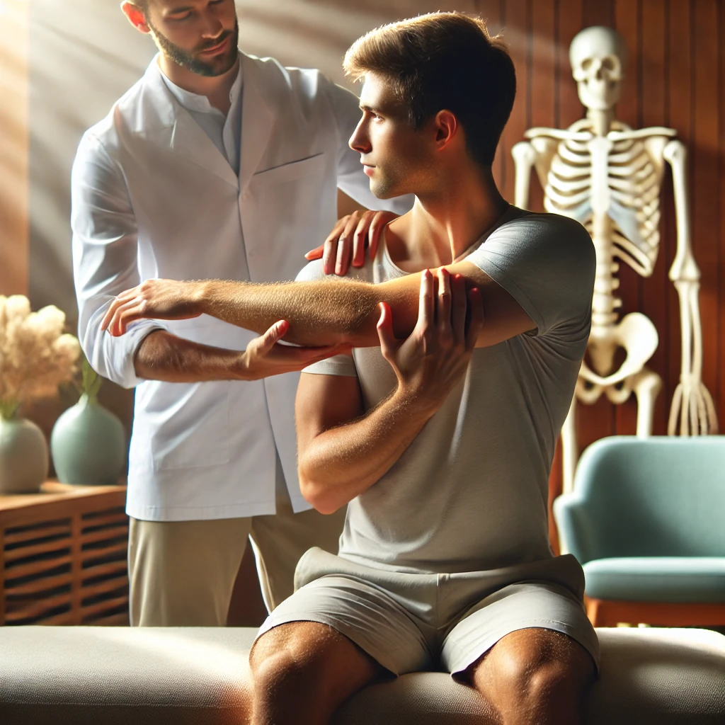 A therapist guiding a client through a shoulder movement